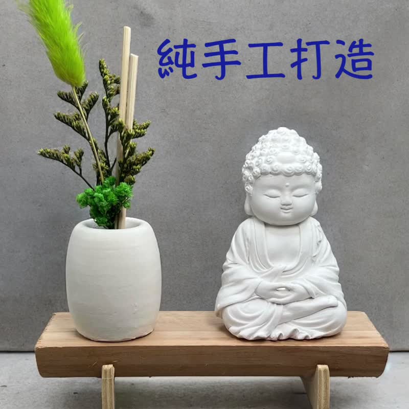 文青簡約風 淨念吉祥之育德小佛 原木底座系列 搭配永生花瓶擴香 - 擺飾/家飾品 - 水泥 白色