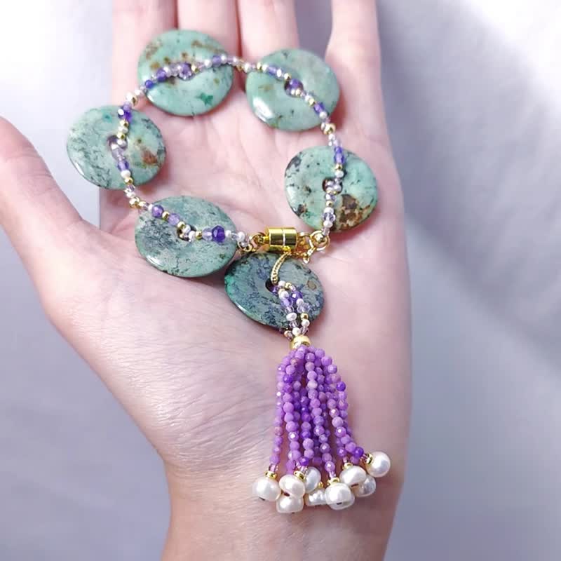 Turquoise Ancient Coin Coin String Landscape Ink Amethyst Purple Mica Pearl Rich Bracelet Single Product - สร้อยข้อมือ - เครื่องเพชรพลอย สีเขียว