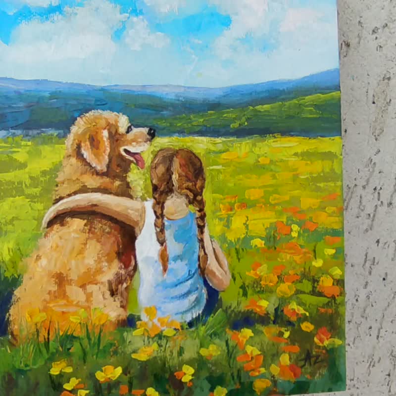 Dog Painting Girl Original Art Friends Artwork Friendship Animal Wall Art - 掛牆畫/海報 - 其他材質 多色