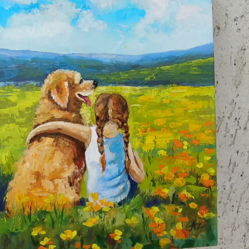Dog Painting Girl Original Art Friends Artwork Friendship Animal Wall Art - 海報/掛畫/掛布 - 其他材質 多色
