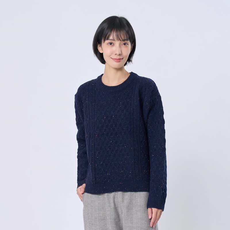 Jane Cable Knit Sweater with Speckled Yarn - สเวตเตอร์ผู้หญิง - ผ้าฝ้าย/ผ้าลินิน สีน้ำเงิน