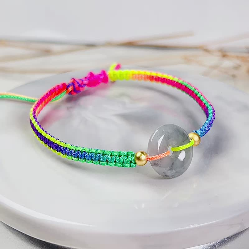 【Wish‧Ping An】Ice Jade Ping An Buckle Design Braided Bracelet | Natural Jadeite A | Free - Bracelets - Jade Transparent