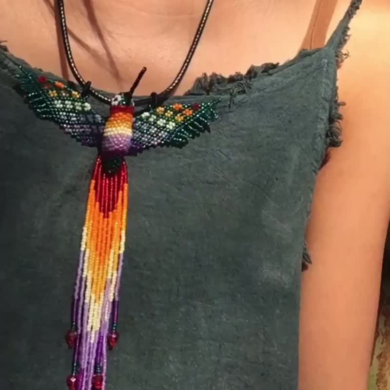 【Lost and find】 Fully hand-woven beaded hummingbird tassel necklace (Purple Rainbow) - Necklaces - Gemstone Multicolor