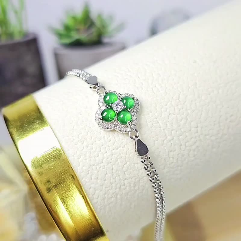 |幸運草|A貨翡翠冰玻放光陽綠蛋面純銀鍍18k四葉草雙層圓珠手鏈 - 手鍊/手環 - 玉石 