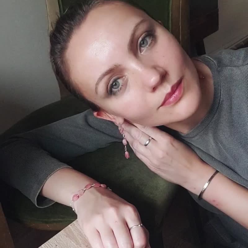 Rhodochrosite Bracelet, 925 Silver, Capricorn gem, Virgo stone boho choker - 手鍊/手環 - 水晶 粉紅色