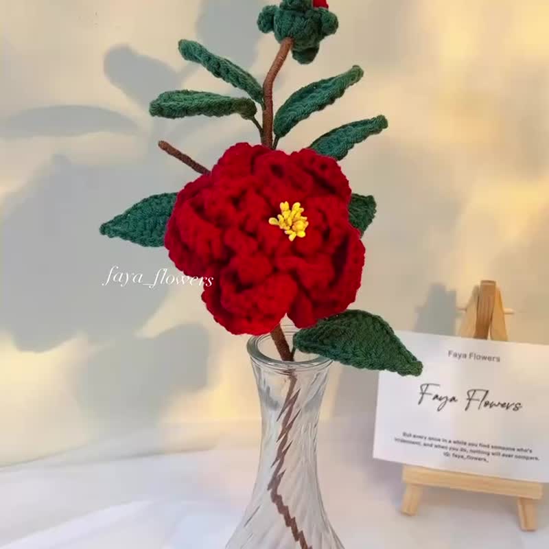 Camellia vase flower arrangement knitted bouquet gift knitted flower ritual life decoration immortal flower Chinese Valentine's Day - Dried Flowers & Bouquets - Cotton & Hemp Red